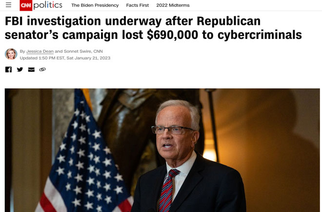 FBI investigation underway after Republican senator’s campaign lost $690,000 to cybercriminals 